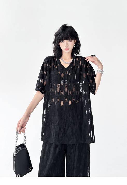 Mesh Diamond Pattern Tops & Pants Co-ord